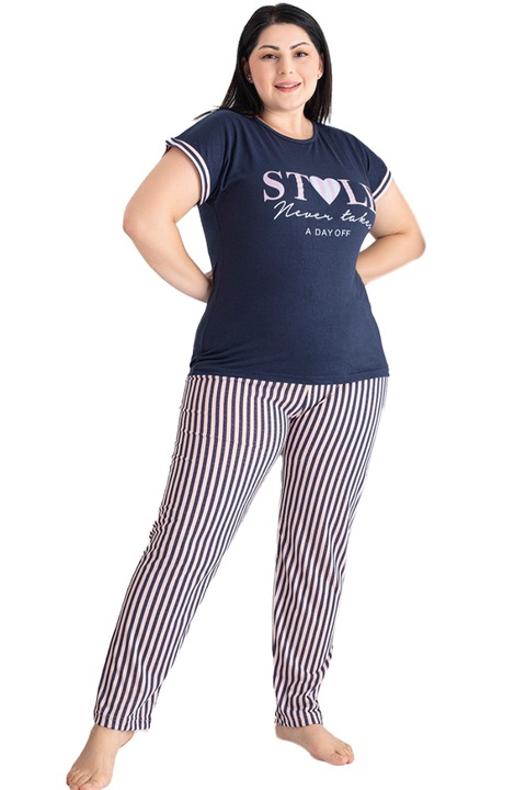 Set pijama big size din doua piese, tricou si pantaloni lungi 5203 78503, Bleumarin