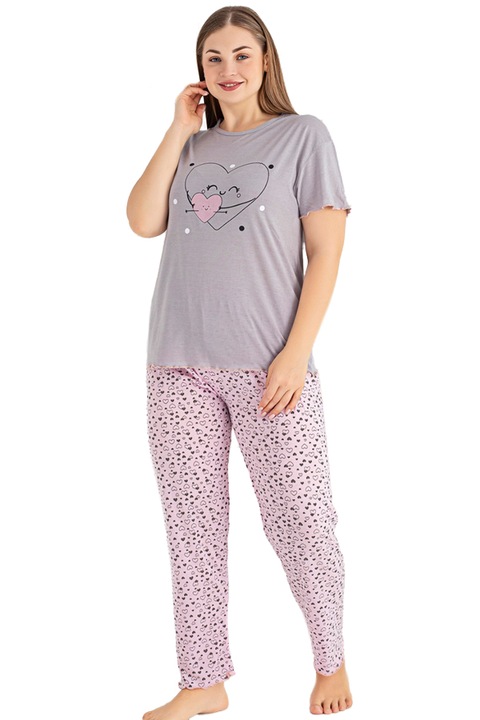 Set pijama big size din doua piese, tricou si pantaloni lungi 5338 78519, Roz