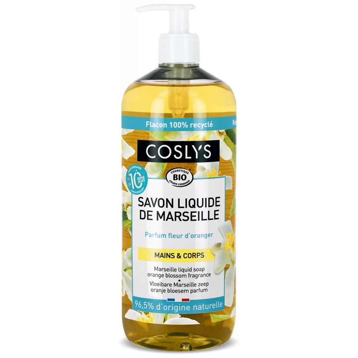 Sapun lichid si gel de dus BIO de Marsilia cu flori de portocal(format mare) Coslys, 1000 ml