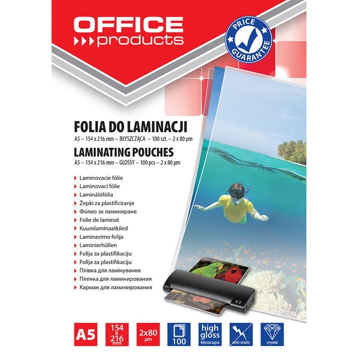 Lamináló fólia OFFICE termékek, A5, 2 x 80 mikron, 100 db/tető