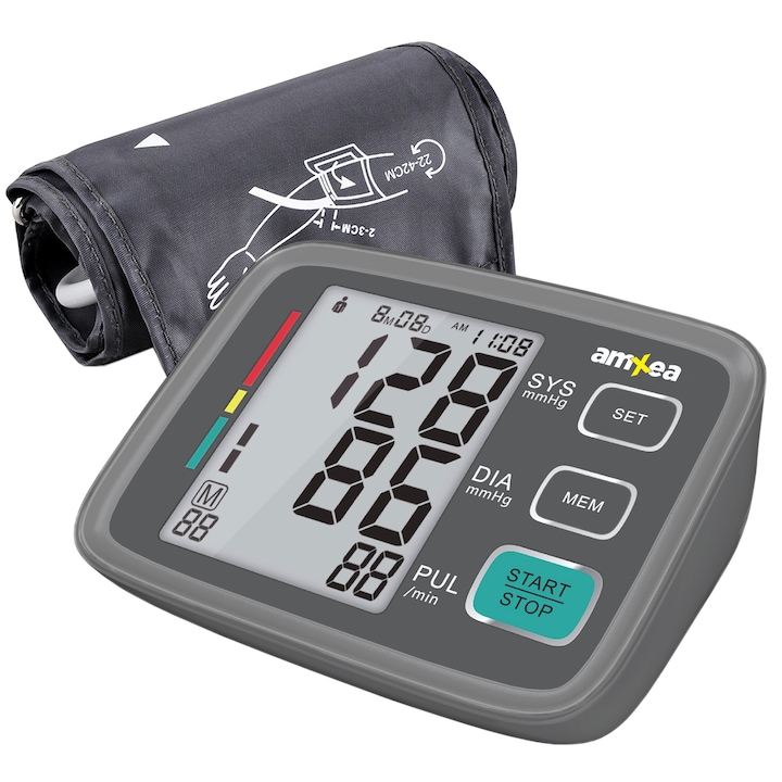 amXea BM80EH elektromos kar vérnyomásmérő Sötétszürke, 180 memória, szisztolés/diasztolés, mandzsetta 22-42 cm
