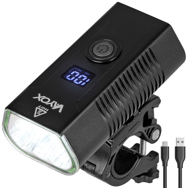 Vayox VA0073 Kerékpár lámpa, alumínium, 5x XLM LED forrás, újratölthető akkumulátor 5000 mAh, akkumulátorjelző, USB töltés, vízálló, 1020 lumen, fekete
