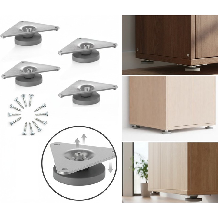 Set 4 picioare reglabile pentru mobila, din otel, 11.5x8x2.5 cm