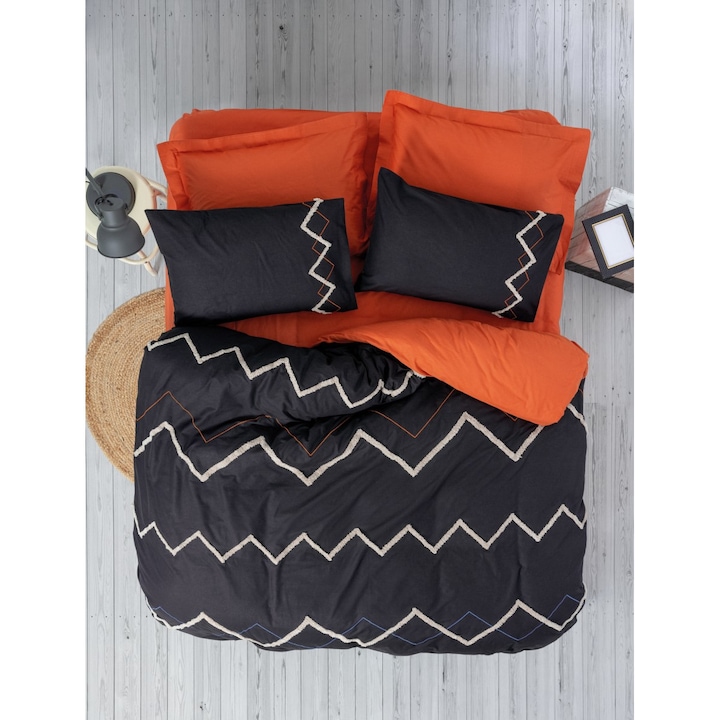 Dupla ágynemű hímzéssel, 100% ranforce pamut, 240 x 260 cm, 6 db, Pamut doboz, Mirely Tile piros