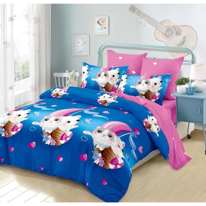 Lenjerie de pat, Primavara, bumbac 100%, set pentru 2 persoane 6 piese, cearceaf pilota 200 x 230 cm, imprimeu cu pisicute, albastru