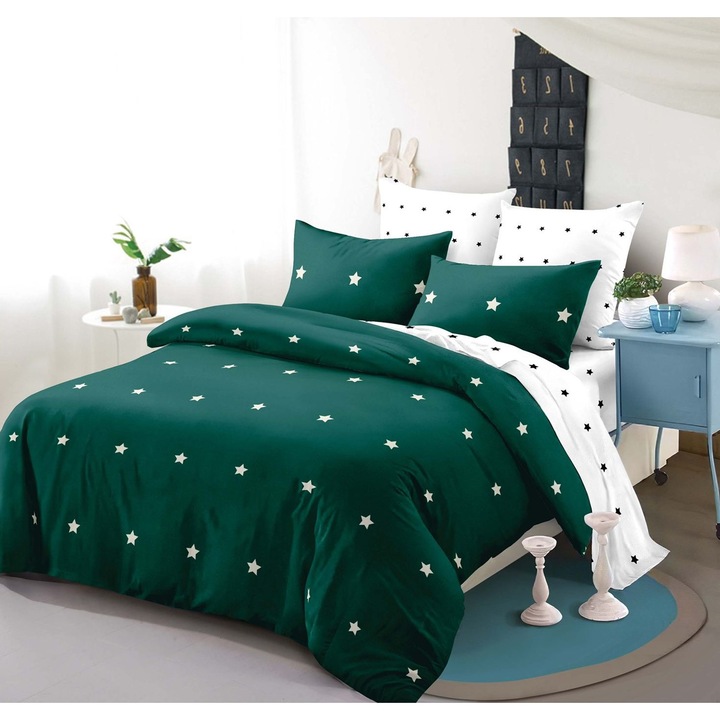 Lenjerie de pat, Primavara, bumbac 100%, set pentru 2 persoane 6 piese, cearceaf pilota 200 x 230 cm, imprimeu cu stelute, verde smarald