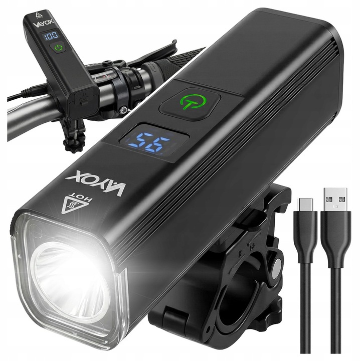 Lanterna far bicicleta Vayox VA0071, din aluminiu, sursa LED 5050 15W, profesionala, acumulator reincarcabil 4500 mAh, LCD indicator baterie, incarcare USB-C, Powerbank, rezistenta la apa, 1300 lumeni, Negru