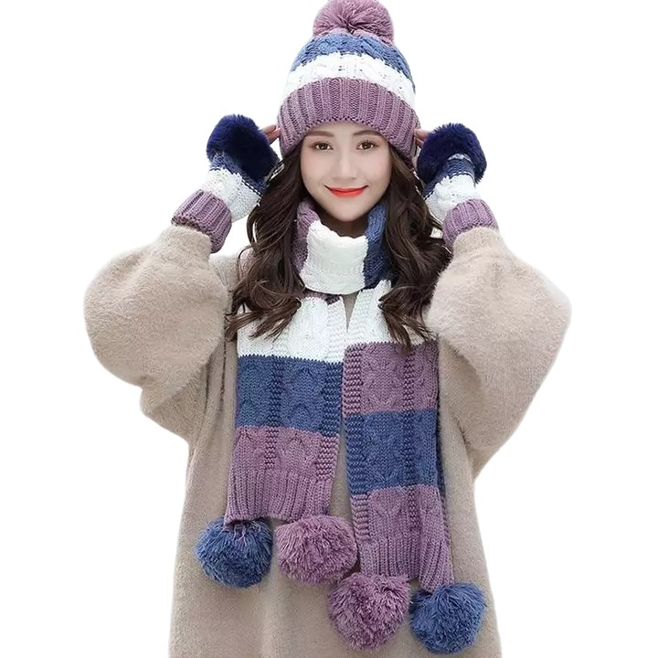 Set tricotat dama, IZMAEL, Bumbac, 3 piese, Mov