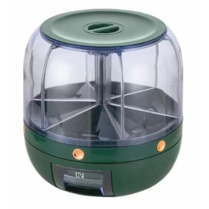 Dozator de cereale Flippy, rotativ 360, 6 compartimente, capacitate 3 L, rezistent la umezeala, inchidere etansa, verde inchis