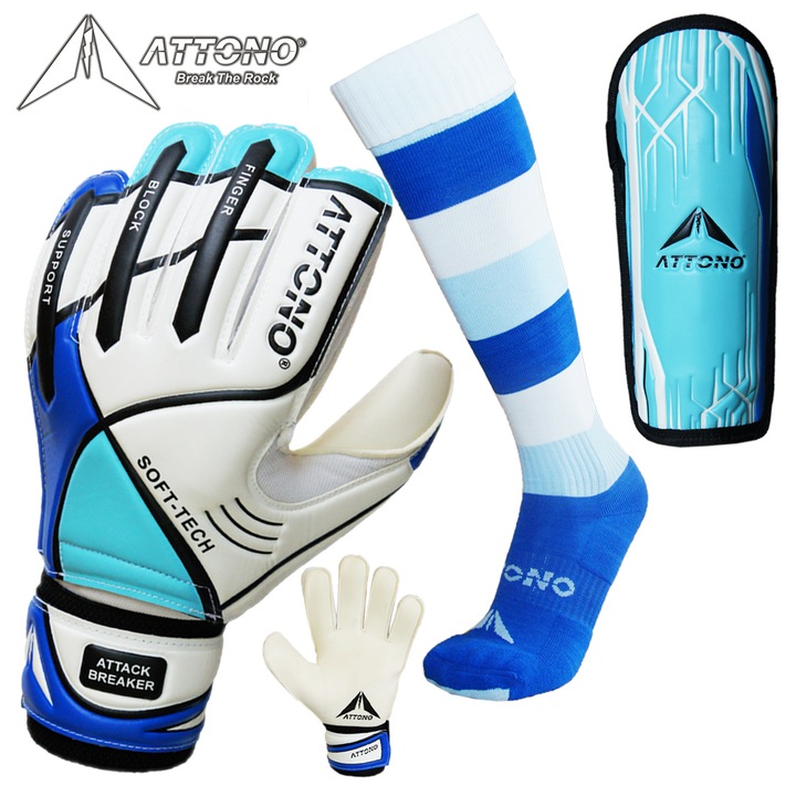 Set manusi portar/sosete/protectie tibie, Attono, Latex/Poliester/Nailon, Alb/Albastru, Marimea 5/30-35/S