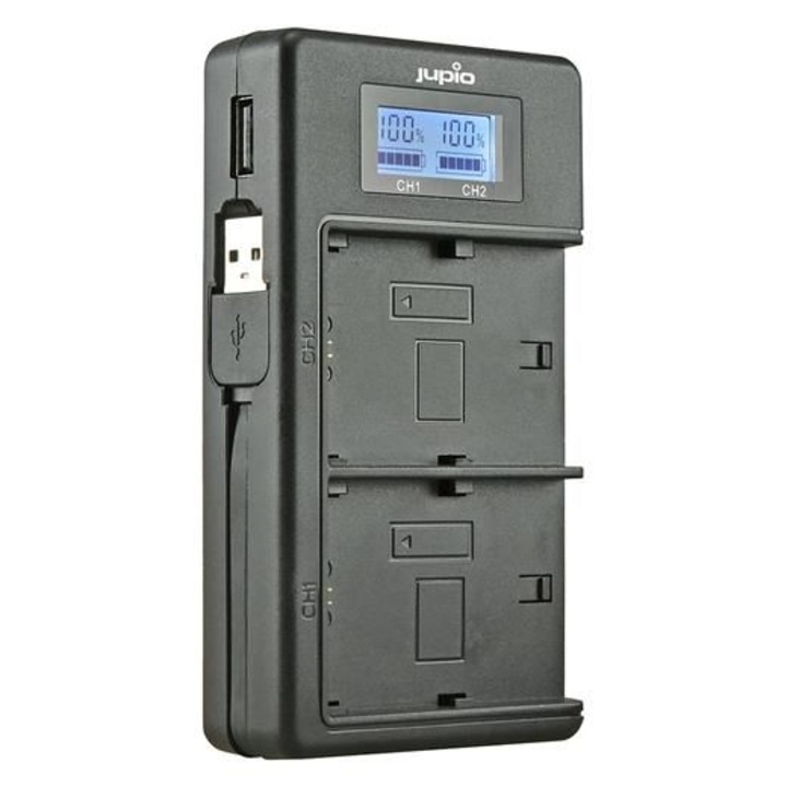 Incarcator dublu, Jupio, Pentru Fuji NP-W126(S), USB, LCD, Negru