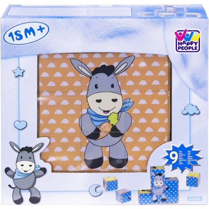 Блок пъзел с 9 части Happy People, Wood, Blue