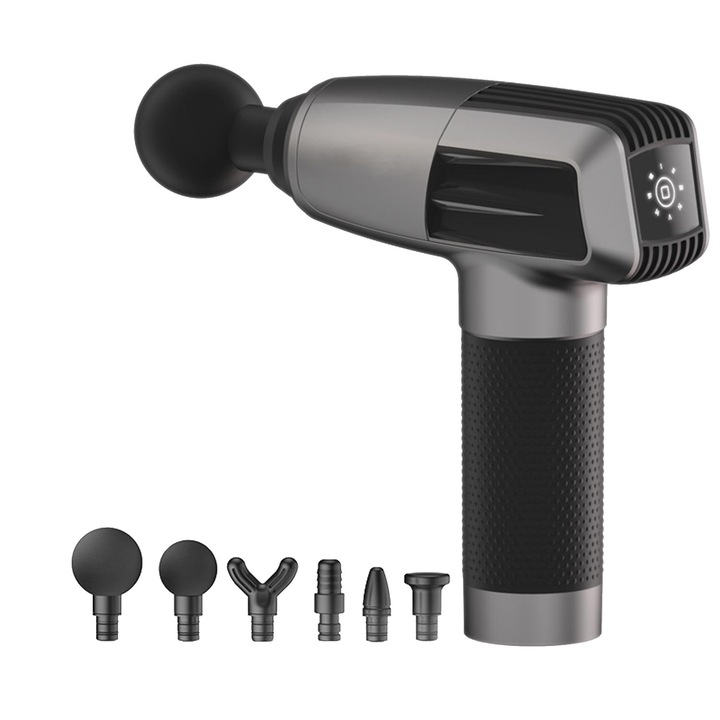 Масажен пистолет YHJ, С батерия 6000mAh, 6 глави, 3200 удара, За релаксация и тонизиране на мускулите, Черен