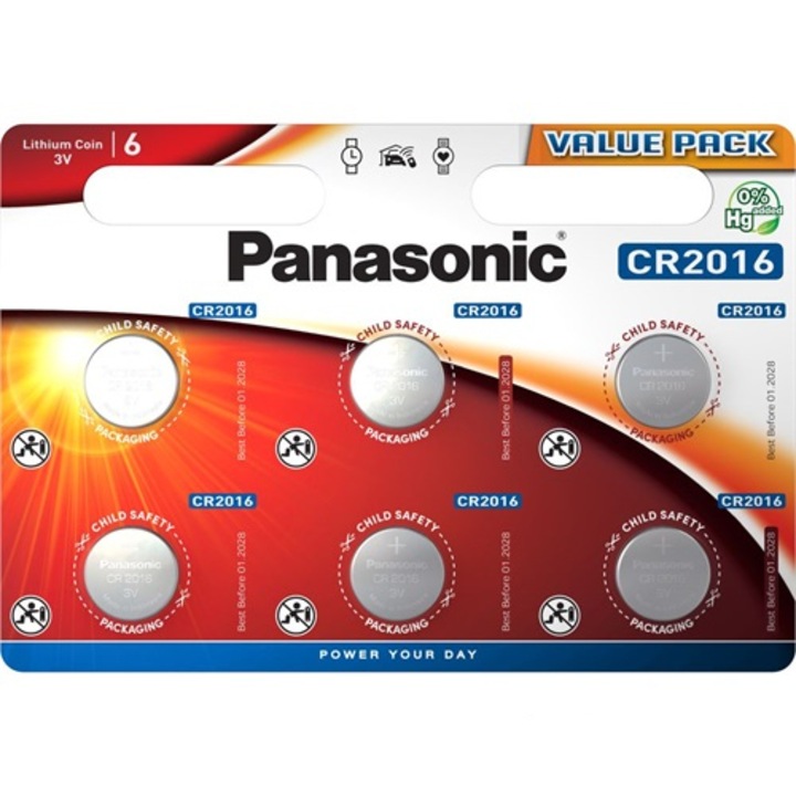 Батерии Panasonic CR2016, 3V, 6 броя