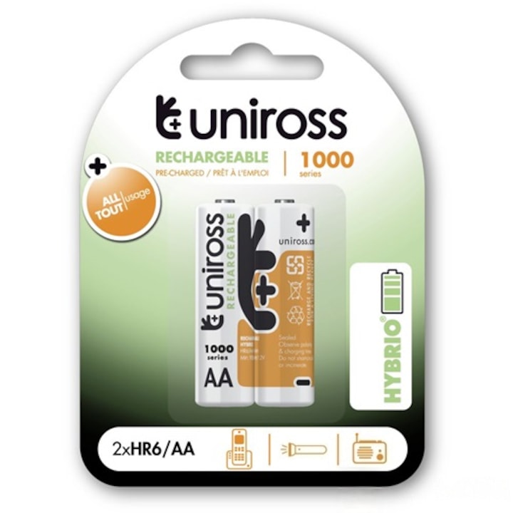 Baterie, Uniross, AA, 1.2V, 1000mAh, Ni-MH HYBRIO, 2 bucati