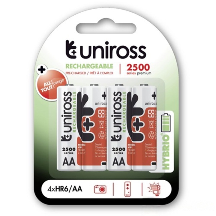 Baterie, Uniross, AA, 1.2V, 2500mAh, Ni-MH, 4 bucati