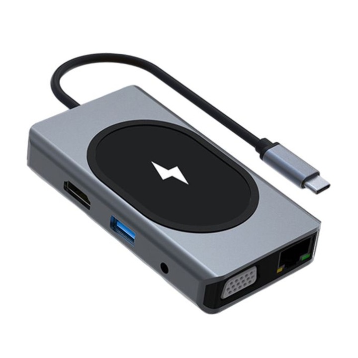 Адаптер EDAR USB Hub, Type-C, съвместим с Macbook, Windows 7 в 1, RJ45, USB HDMI 4K, VGA, HDTV PD, Micro SD, TF, слот за карта, USB 3.0, безжично зареждане