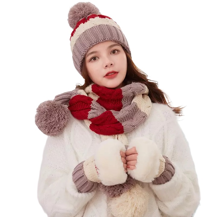 Set caciula si fular dama, IZMAEL, Bumbac, Maro/Rosu