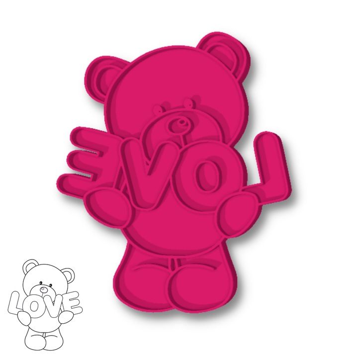 Stampila pentru decupator contur ursulet love, 8 cm, plastic PLA, roz ...