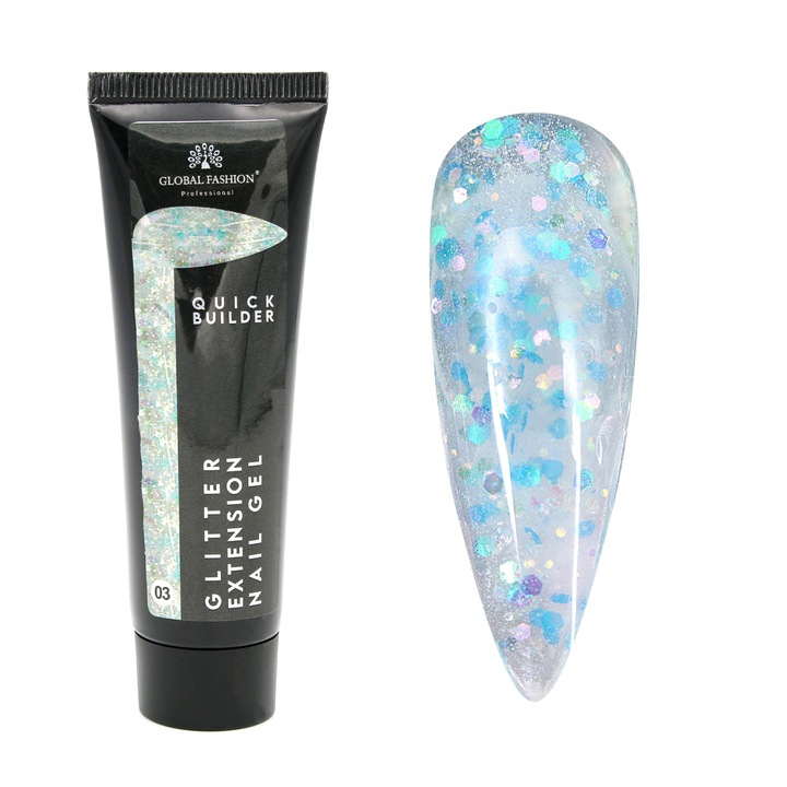 Gel UV constructie unghii, Global Fashion, Polygel color cu sclipici, 30g, Albastru 03