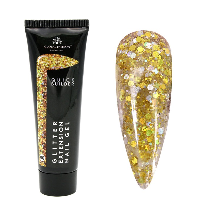 UV körömépítő gél, Global Fashion, Polygel szín csillámmal, 30g, Gold 06