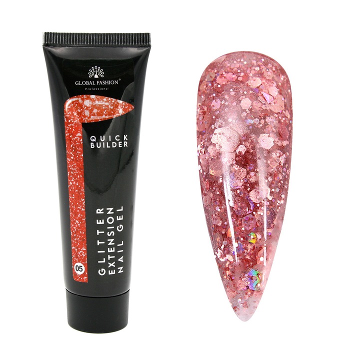 Gel UV constructie unghii, Global Fashion, Polygel color cu sclipici, 30g, Roz 05