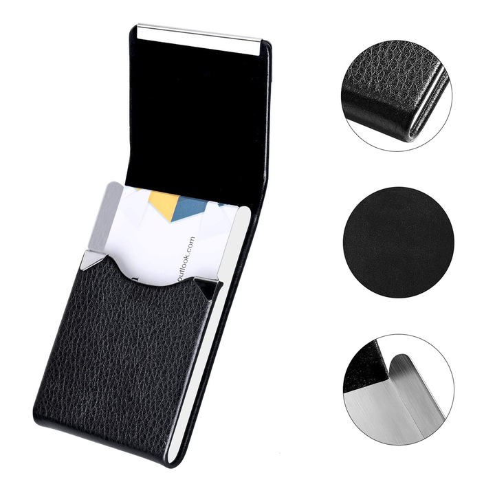 Визитник, Darklove, Lychee grain, креативен и професионален, вертикален модел, подходящ за мъже и жени, с магнитно затваряне, 9,5×6×1,5 см, неръждаема стомана / PU кожа, Черен