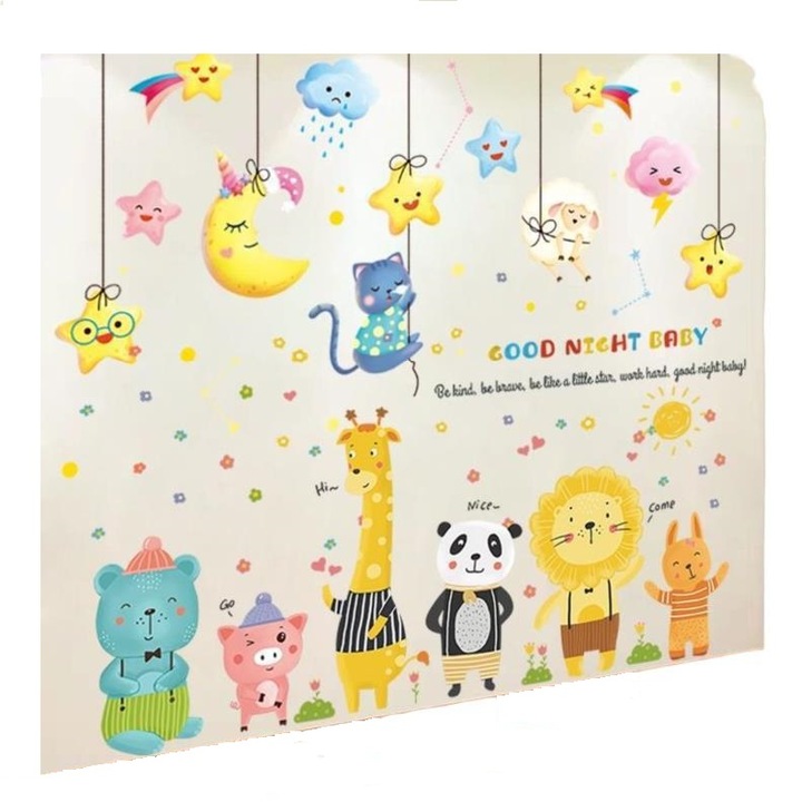 Sticker decorativ pentru camera copiilor, noapte buna copilasi, autoadeziv, rezistent la zgarieturi, PVC, 160 x 170 cm