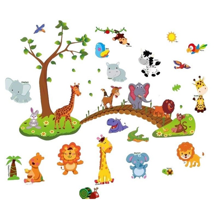 Sticker decorativ pentru camera copiilor, lumea animalelor, autoadeziv, rezistent la zgarieturi, PVC, 160 x 160 cm