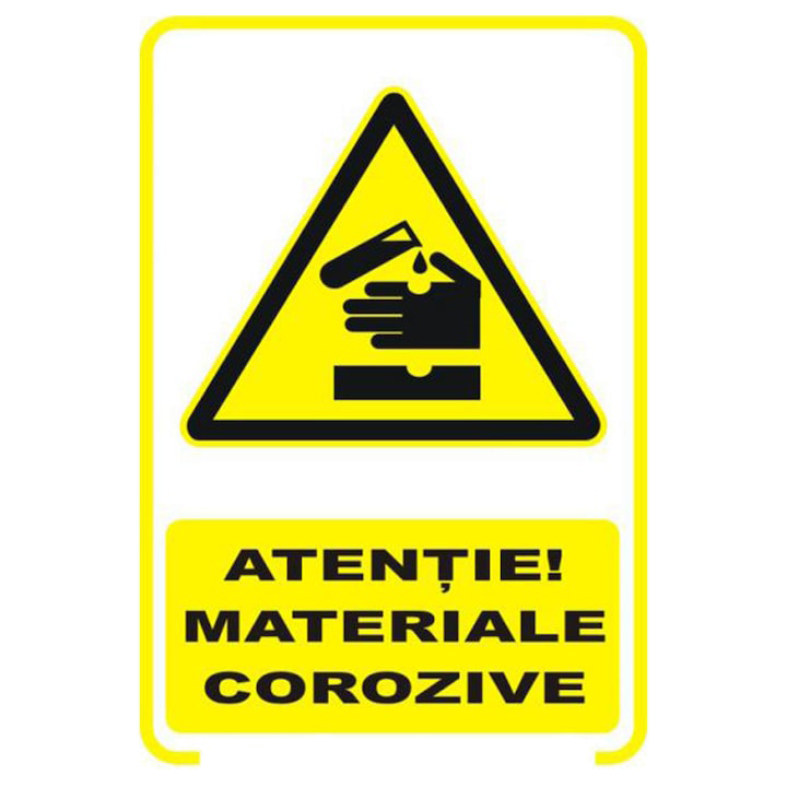 Sticker decorativ, Indicator avertizare - Atentie materiale corozive, 14.8x21 cm A5