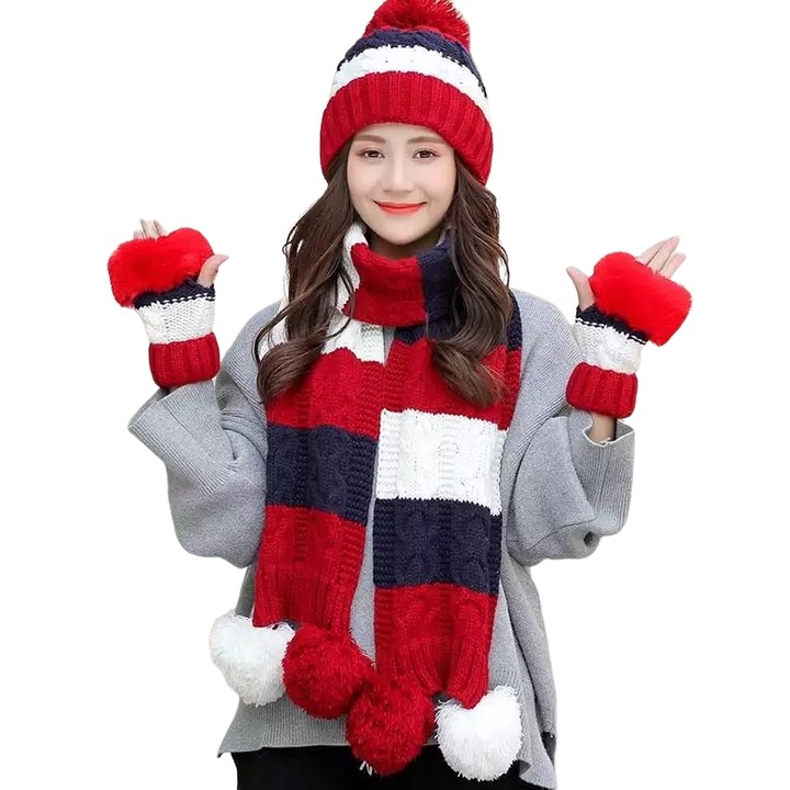 Set caciula si fular dama, IZMAEL, Bumbac, Rosu/Albastru