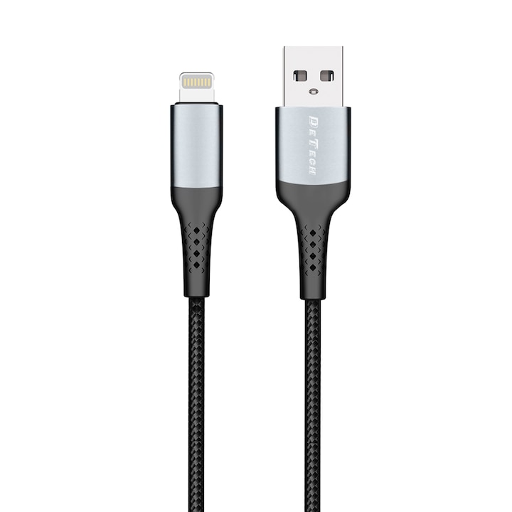Adat- és töltőkábel, DeTech DE-43i2, Lightning csatlakozó, 2m, fekete, Apple kompatibilis