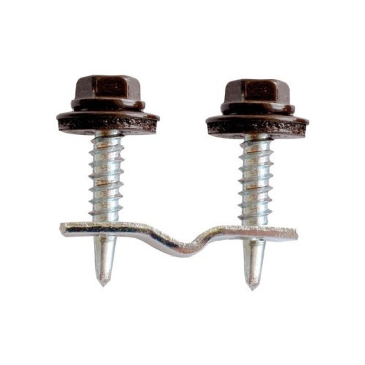 Clema zincata EmaConstruct 12x1.5 mm pentru prindere policarbonat pe plasa bordurata cu 2 suruburi autoforante maro 4.8x25 mm