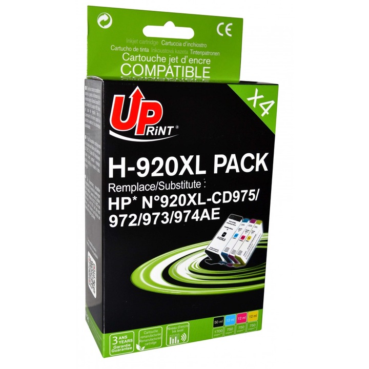 Uprint tintapatron készlet HJ920XLUPP4, BK+CMY, 50+3x12 ml, kompatibilis CD975/972/973/974, HP OfficeJet 6000/6500/7000/7500A