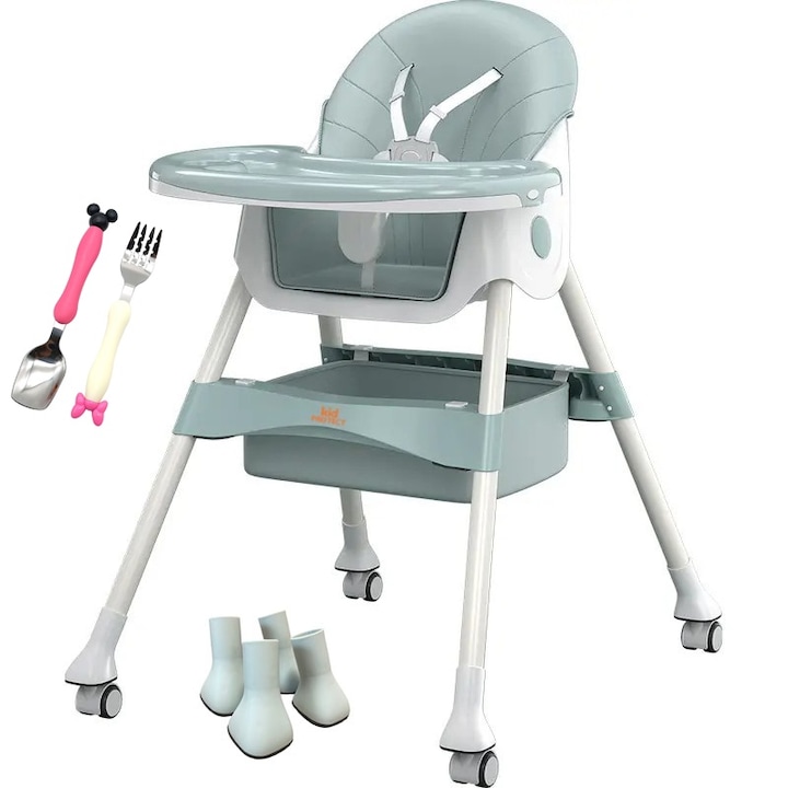 Столче за хранене 3 in 1 за бебета и деца, KidProtect®, регулируема височина, възраст 6-72 месеца, сгъваем, с колелца или крака, 5-точков предпазен колан, 2 подвижни тави, място за съхранение, зелен