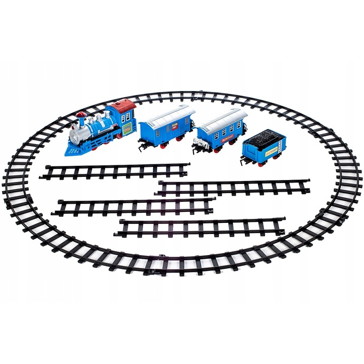 Set interactiv Circuit de cale ferata cu Locomotiva cu sunete si lumina, 2 vagoane calatori si 1 vagon de marfa, Albastru