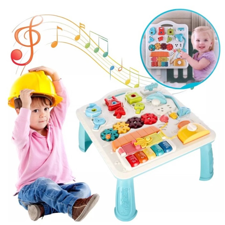 Монтесори маса и дъска, музикална играчка, BrainyBaby 2в1, LED лампа, Регулируем, Син