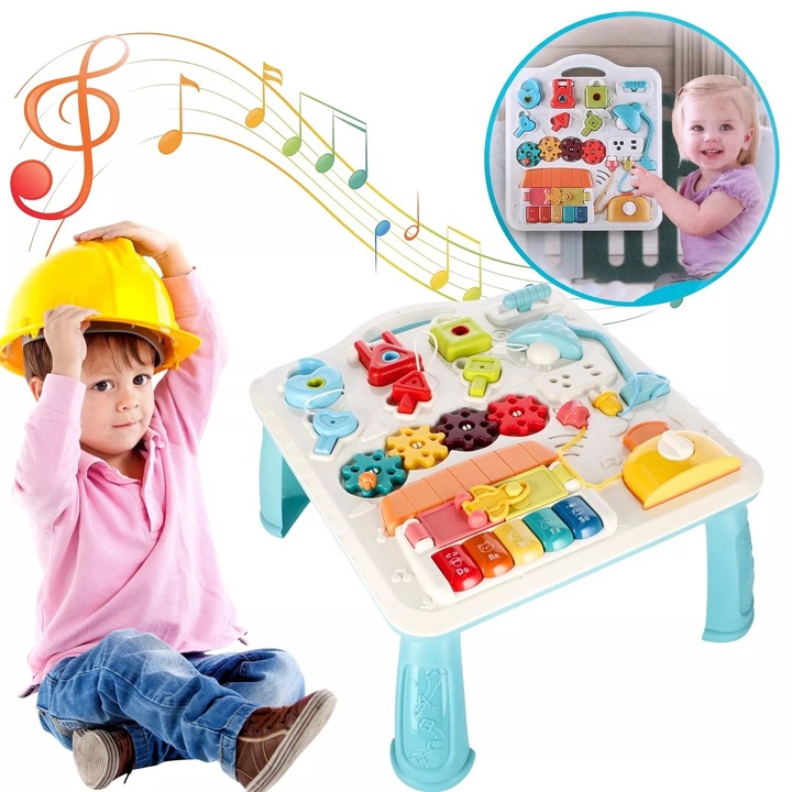 Masuta si Panou cu Activitati Montessori 2in1 BrainyBaby Indiggo@, Jucarie Muzicala, Lampa LED, Prajitor de Paine, Pian, Numere, Culori si Forme, Elemente Mobile, Distractiv si Educativ, Volum Reglabil, Blue