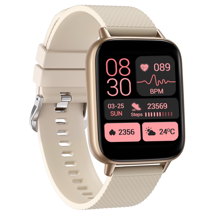 Смарт часовник idealStore NEW UpBest23, Apel Bluetooth, Вграден високоговорител и микрофон, Гласов асистент, NFC, Мулти-спорт, Монитор за сърдечен ритъм и кислород, Термометър, HD дисплей, Извито стъкло, Заключване с парола, Батерия 200mah, цвят Златист