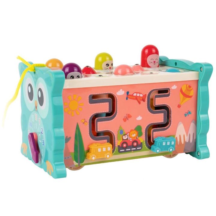 Jucarie interactiva si educativa pentru copii 8 jocuri incluse SOLTOY® Magic Box - Masinuta cu joc de pescuit magnetic, roti zimtate, banc cu ciocanel, labirint si jucarie de tras