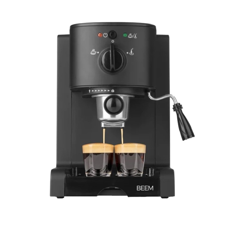 Espressor manual BEEM, Espresso Perfect, combatibil cu cafea macinata/capsule/ESE pads, pompa profesionala 20 bari, sistem de incalzire Thermo-Block, functie spumare lapte, mod stand-by, intuitiv, negru mat