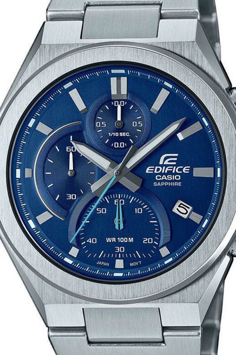 Casio, Часовник с хронометър и метална верижка, Сребрист, Тъмносин