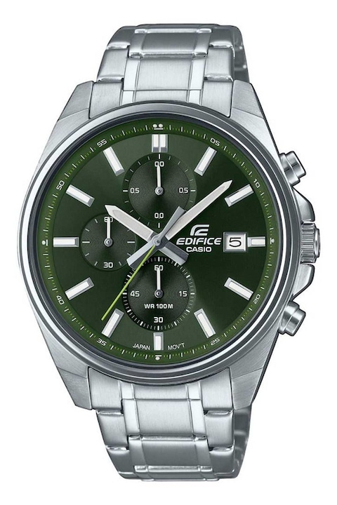 Casio, Часовник с хронометър и метална верижка, Сребрист, Зелен