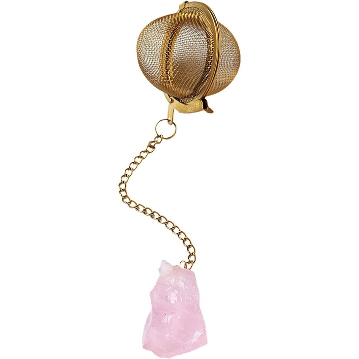 Rozsdamentes acél teaforraló 2 cm-es rózsakvarc féldrágakővel - Feng shui témájú gyógyító kristályok