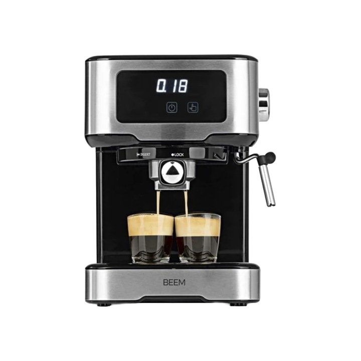 Ръчна еспресо машина BEEM, Espresso Touch, съвместима със смляно кафе, 15 бара професионална помпа, система за нагряване Thermo-Block, функция за разпенване на мляко, сензорен дисплей, ергономичен, включени аксесоари, неръждаема стомана/черен