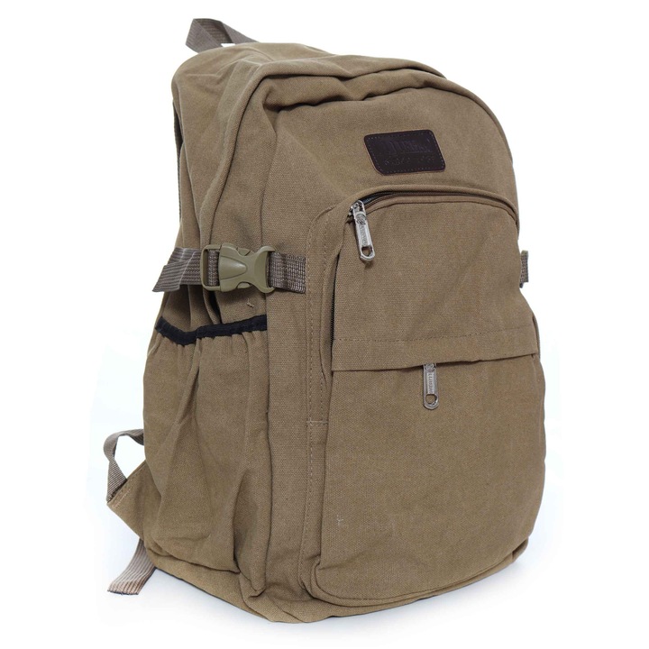 Rucsac drumetie din bumbac, maro deschis, 3 compartimente, 48x30x16 cm, 23 litri, Recostore®, REC2357