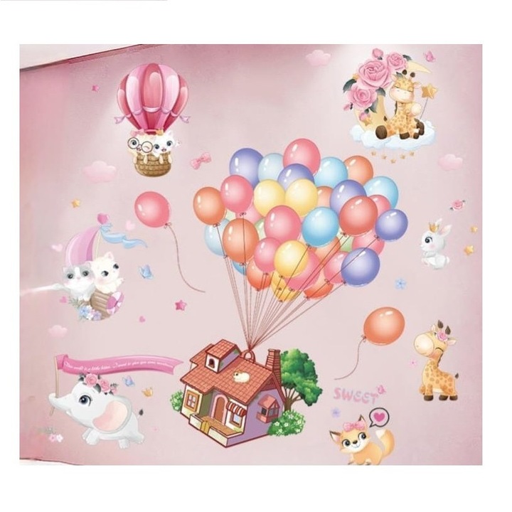 Sticker decorativ pentru camera copiilor, baloane zburatoare, autoadeziv, rezistent la zgarieturi, PVC, 135 x 159 cm