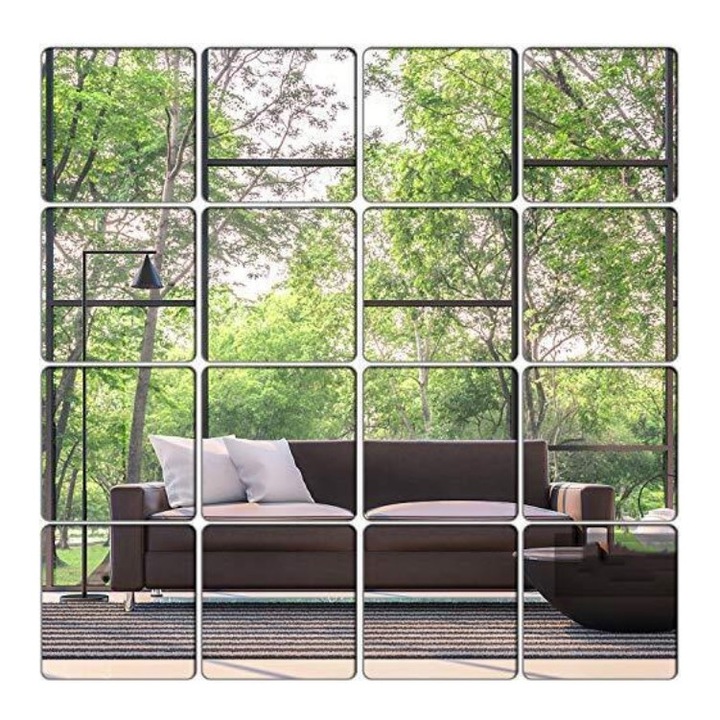 Set 16 Oglinzi Acrilice Decorative Autoadezive DAVIDAMI CONCEPT® model Patrat, dimensiune 15 cm x 15 cm