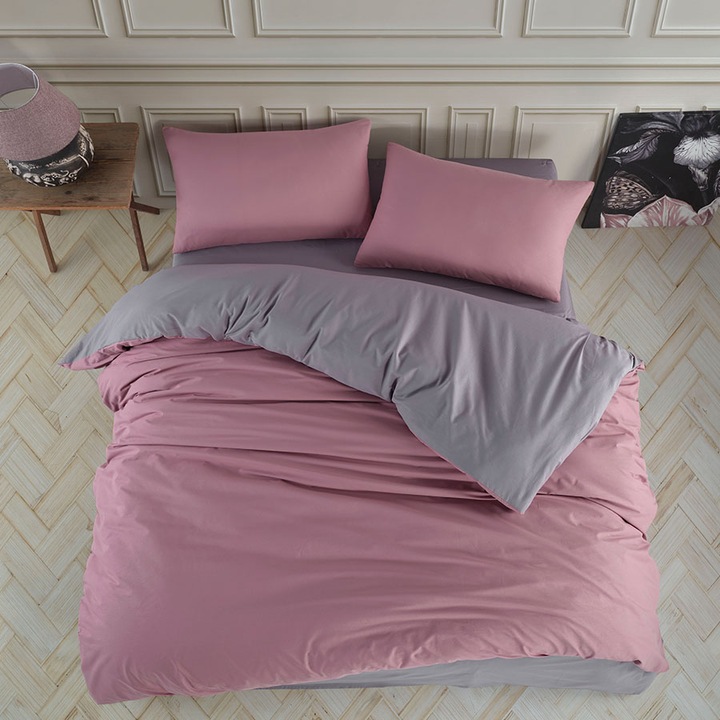 Családi dupla ágynemű, 100% ranforce pamut, 240x260 cm, 5 db, Nazenin Home, rózsaszín/szürke
