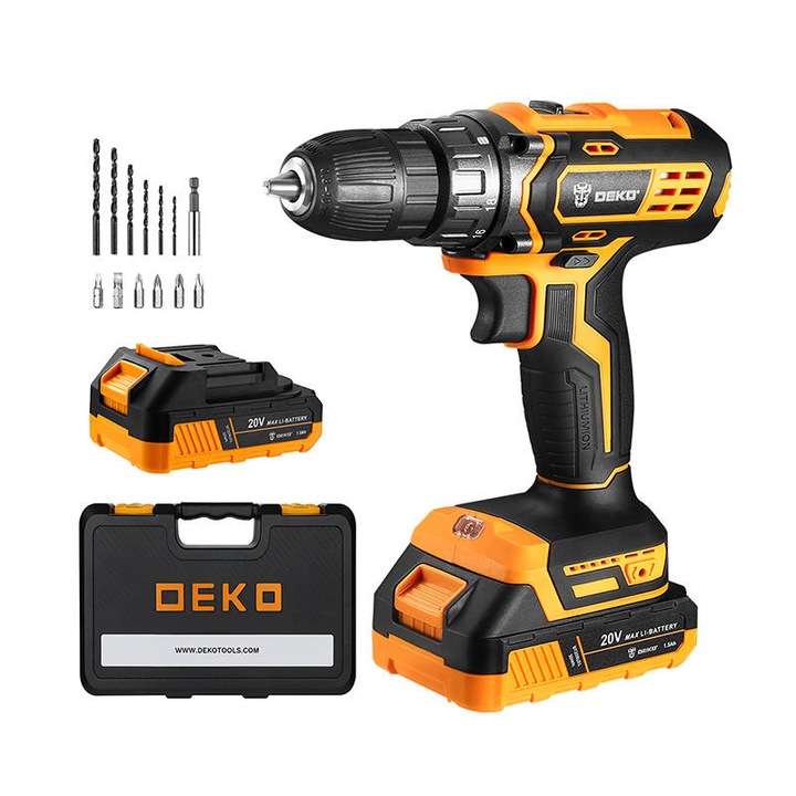 Акумулаторна бормашина Deko Tools, DKCD20XL01-10S3, 20V, Кутия за съхранение, Черен/Оранжев